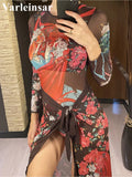 S - XXL Printed Long Sleeve With Sarong One Piece Swimsuit Women Swimwear Female Flowers Padded Bather Bathing Suit Swim V7181