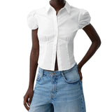 Chic Solid Color/Striped Print Button Down Tops Women Puff Sleeve Lapel Collar Slim Fit Shirts Summer Blouses