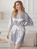 Women's Satin Robe Lace Trim Short Sleeve Belted Bathrobe Lightweight Silky Sleepwear for Home Bridal Nightwear