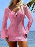 V Neck Long Sleeve Hollow Out Crochet Knitted Tunic Beach Cover Up Cover-ups Beach Dress Beach Wear Beachwear Female Women V7643
