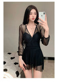 Swimsuit Women's Summer New One-piece Skirt Style Slimming Lace Long Sleeved Small Chest Steel Support Hot Spring Swimsuit