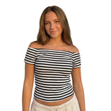 Women's Summer Off Shoulder Tops Short Sleeve Stripes Print T-Shirts Fashion Basic Crop Tops