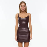 Streetwear Pu Leather Spaghetti Strap Dresses Women Solid Color Sexy Package Hip Slim Short Dress Fashion Hot Girl Vestidos New