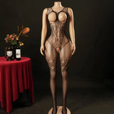 Sexy Bodysuit With Hollowed-out Chest Mesh Sexy One-piece Jacquard Open-crotch Halter Neck Backless Deep V Sleeveless Charm 57AF