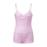 2026 Summer Women Stripe 2 Piece Sets Wrap V-Neck Sleeveless Cami Tops and Shorts Fitness Casual Daily Loungewear