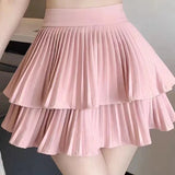Double-layered Solid Colour High Waist A-line Hundred Mini Cake Skirt Including Safety Trousers Anti-glare Bustier Pleated Skirt