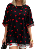 Summer T-Shirt Women Casual Loose Fit Stylish Love Heart Print Crew Neck Short Sleeve Tops