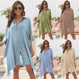 Solid Color Women Cover-ups Cotton Shirt Swimsuit Loose Fitting Robe Beach Vacation Single-breasted Sunscreen Clothing 2026 New