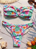 Ribbed Floral Printed Bandeau Bikini Women Swimwear Female Swimsuit Two-pieces Bikini Set High Cut Bather Bathing Suit Swim Lady