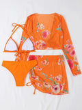 2026 Summer Women's 4 Pieces Suit Swimwear Neck Lace-up Bikini Set+crop Top+skirts Floral Print Gauze Swimsuit Beachwear Biquini