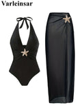 S - XL New With Skirt Deep V Neck Halter One Piece Swimsuit Women Swimwear Female Starfish Padded Bather Bathing Suit Swim V7977
