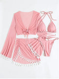 Sexy 4pcs Boho Tassels Trim Bikinis Sets Ladies Padded Bikini Set +cover Up Tops Skirts Beachwear Bathing Suit Biquini Monokini