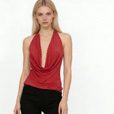 Women’s Summer Solid Color Studded Halter Tank Tops Fashionable Slim Fit Cowl Neck Backless Vest