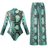 Slimming Mesh Swimsuit One Piece with Long Sleeves Sexy Bathing Suit Featuring Skirt ＆ Long Pants Bodysuit for Smart Beach Wear