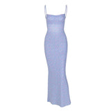 Women's Summer Sexy Bodycon Dress Spaghetti Strap Sleeveless Backless Slim Fit Floral Printed Long Dresses