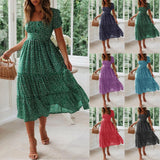 Women'S Summer Dress Fragmented Flower Flare Short Sleeve Casual Flowy Midi Dresses Elegant Temperament Party Vestidos 2024 Hot
