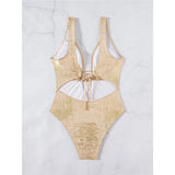 Sexy Golden Deep V Neck High Cut Leg Backless One Piece Swimsuit Women Swimwear Female Monokini Bather Bathing Suit Swim V6690