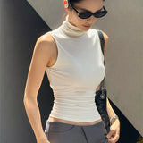 FDYOUI Fashion Turtleneck Sleeveless Tank Tops Streetwear Y2K Woman Clothes Backless Solid Corset T-shirt Female Skinny Crop Top