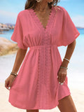 V Neck Lace Short Sleeve Tunic Beach Cover Up Cover-ups Beach Dress Beach Wear Beachwear Female Outfits Bathing kaftan for Women