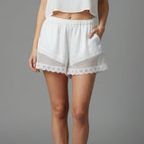 Women Elastic Waistband Lace Trim Streetwear Shorts Summer Solid Color Casual Loose Shorts with 2 Pockets