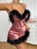 New Sexy V Neck Feather Trim Women's Nightgown Fashion Elegant Pajamas Solid Color Short Skirt for Home and Parties