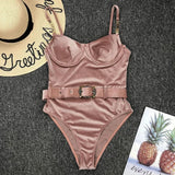 Ribbed Push up Underwired Metal Chain Women Swimwear One Piece Swimsuit Female Waist Belt Monokini Bather Bathing Suit Swim Lady