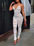 Women Floral Lace Sheer Bodycon Jumpsuit Spaghetti Strap Deep V Neck Backless See Through Slim Long Pants Romper Party Clubwear