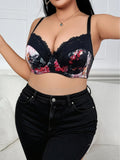 Anti-sag Push Up Bra Plus Size Black Base Red Floral Print Lace Side Gather Lift Up Large Brassiere Flower Pattern Underwear