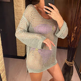 Long Sleeve Hollow Out Top Crochet Knitted Tunic Beach Cover Up Cover-ups Beach Dress Beach Wear Beachwear Female Women V4250