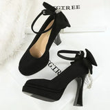 BIGTREE Women's Pointed Toe High Heels Back Bowknot Elegant Flock Ankle Strap Pumps for Women Black Dress Shoe Wedding Party