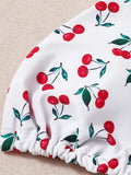 With Mesh Sarong Skirt Cherry Printed Bikini Female Swimsuit Women Swimwear Three Pieces Bikini Set Bathing Suit Swim Beachwear