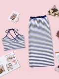 Summer slim temperament hot girl striped halterneck backless skirt suit vest casual suit