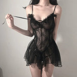 Sexy Lingerie Black Lace Short Nightdress Women Perspective Underwear Suspender Slim Dress Lolita Exotic Costume For Sex Suit