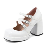 Plus Size Women Red Patent Leather Platform Mary Jane Shoes 3 Rhinestone Buckle Straps Chunky Block  Y2K Lolita Party Pumps