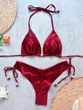 Sexy Drawstring Side High Waist Bikini Set 2026 Women Black Red Halter Pleate Push Up Bra Swimsuit Beach Bathing Suit Swimwear