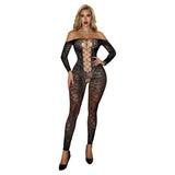 Long-sleeved Ripped Purple Charming Sexy Strapless Hollowed-out One-piece Mesh Outfit Transparent Off-the-shoulder Bodysuit 9UM7