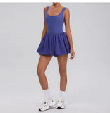 Summer One-piece Tennis Dress Women Fitness Fake Two-piece with Inner Separate Shorts Pockets Sleevesless Sports Pleated Skirt