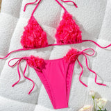 Women's Erotic Naughty Lingerie Sets Halter Neck 3D Mesh Flower Bra and Tie Up Thong