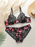 Ultra thin lace printed flower set with steel ring bra, sexy Lingerie women's underwear A3110