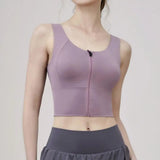 Women Sports Vest Sleeveless Round Neck Zipper Closure Fitness Bra Seamless Fabric Front Zipper Removable Chest Pad Underwear