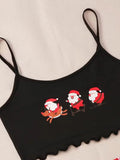 Women's Sleepwear Christmas Santa Print Pajama Set Spaghetti Strap Crew Neck Top and Shorts Set Home Wear Loungewear