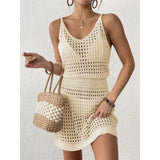 S - XL V Neck Hollow Out Crochet Knitted Tunic Beach Cover Up Cover-ups Beach Dress Mini Beach Wear Beachwear Female Women V7048