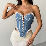 Sexy Imitates Denim Camisole Women Off Shoulder Lace Trim Bandage Cross Slim Fit Fishbone Tank Top 2026 Lady Club Party Vest