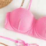 Sexy Push Up Underwire One Piece Swimsuit Women Solid Pink Metal Chain Hollow Out Ribbed Bathing Suit Backless Swimwear Monokini