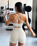 2Pcs Women Yoga Outfit Halter Neck Crop Top Shorts Soft Elastic Sportswear Running Training Clothes