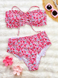 DEKA Ruffles Strapless Lace-Up Bikini Set Floral Pattern Swimsuit Women High Waist Bikini Summer New Swim Bathing Suit