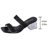 Shiny Sequins High Heels Sandals Women Plus Size 43 Square Toe Transparent Heel Slippers Woman Slip On Gold Crystal Party Shoes