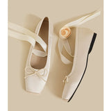 Balletcore Style Satin Lace-Up Flats for Women Black Ballerina Bow Detail Square Toe Ankle Wrap Ribbon Ballet Coquette Shoes