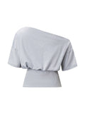 Women's Cinched Waist Blouse Tops Fashion Stylish Off Shoulder Short Sleeve Solid Color Shirts Summer Elegant Shirts Streetwear