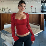 FDYOUI 2026 New Lace Patchwork Long Sleeve T-shirts for Women Square Collar See-through Slim Crop Tops White Black Tee Shirt